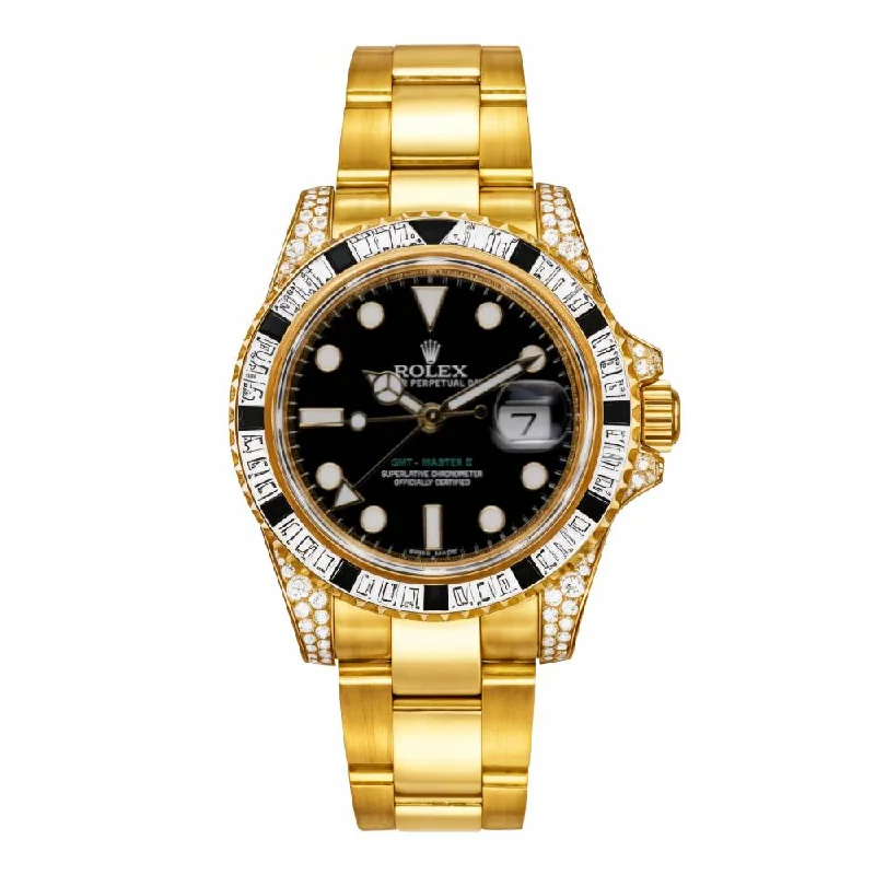 Explore Exquisite Rolex Watches Online –Rolex GMT-Master II 40mm - Ref: 116758SANR - Black Dial, Diamond & Sapphire Bezel, & Diamond Case, 18K Yellow Gold Oyster Bracelet Men's Watch