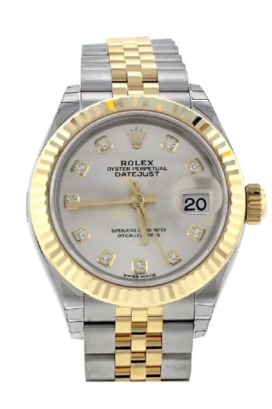 Shop Luxury Rolex Timepieces for Every Style –Rolex Datejust 28 Silver Diamond Dial Fluted Yellow Gold Two Tone Jubilee Ladies Watch 279173 NP Pre owned