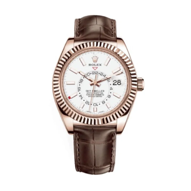 Timeless Rolex Watches for Men & Women –Rolex Sky-Dweller 42mm - Ref: 326135-0006 - Intense White Stick Dial, 18K Rose Gold & Brown Leather Strap Watch