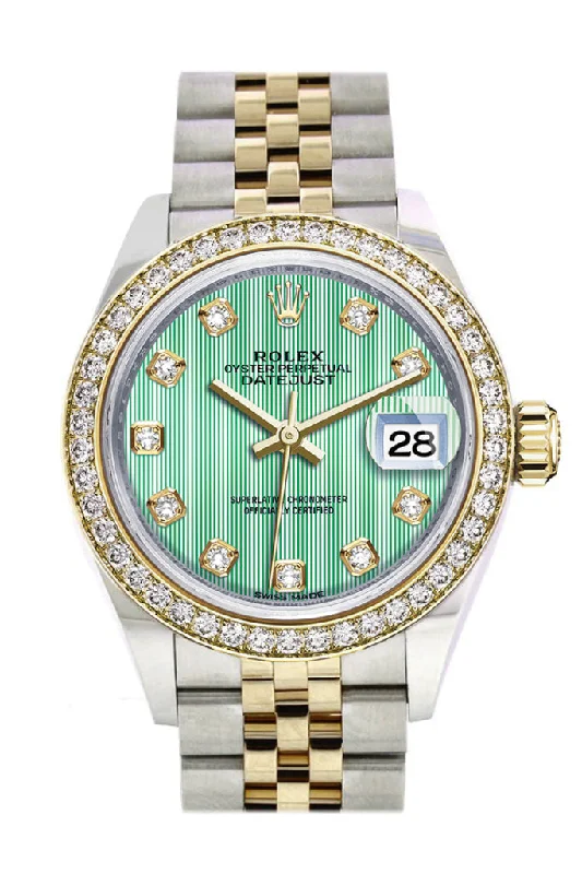 Shop Timeless Rolex Watches Now –Rolex Datejust 28 Mint Green set with diamonds Dial Diamond Bezel Yellow Gold Jubilee Ladies Watch 279383RBR 279383