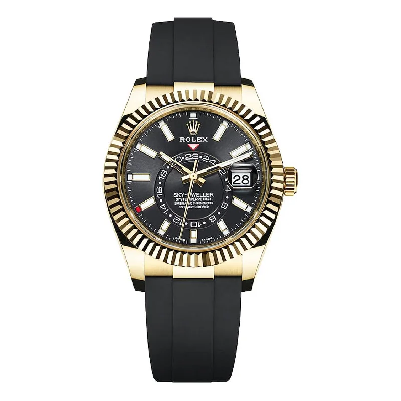 Discover the Best Rolex Timepieces Online –Rolex Sky-Dweller 42mm - Ref: 326238-0009 - Bright Black Stick Dial & 18K Yellow Gold Case, Black Oysterflex Bracelet Watch