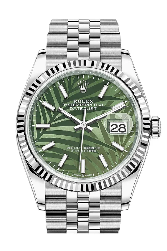 Explore Premium Rolex Watches –Rolex Datejust 36 Olive Green Palm Motif Dial Fluted Jubilee Watch 126234