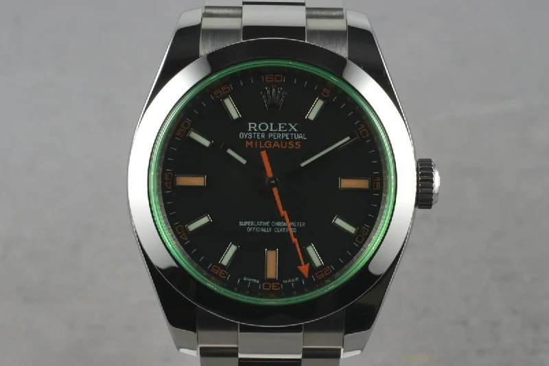 Shop Luxury Rolex Timepieces for Every Style –2009 Rolex Milgauss Green 116400V with Box and Papers