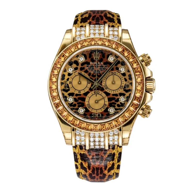 Explore the World of Rolex Watches Today –Rolex Cosmograph Daytona "Leopard" 40mm - Ref: 116598 - Leopard Diamond Dial & Orange Sapphire Bezel, 18K Yellow Gold & Leopard Print Leather Strap Watch