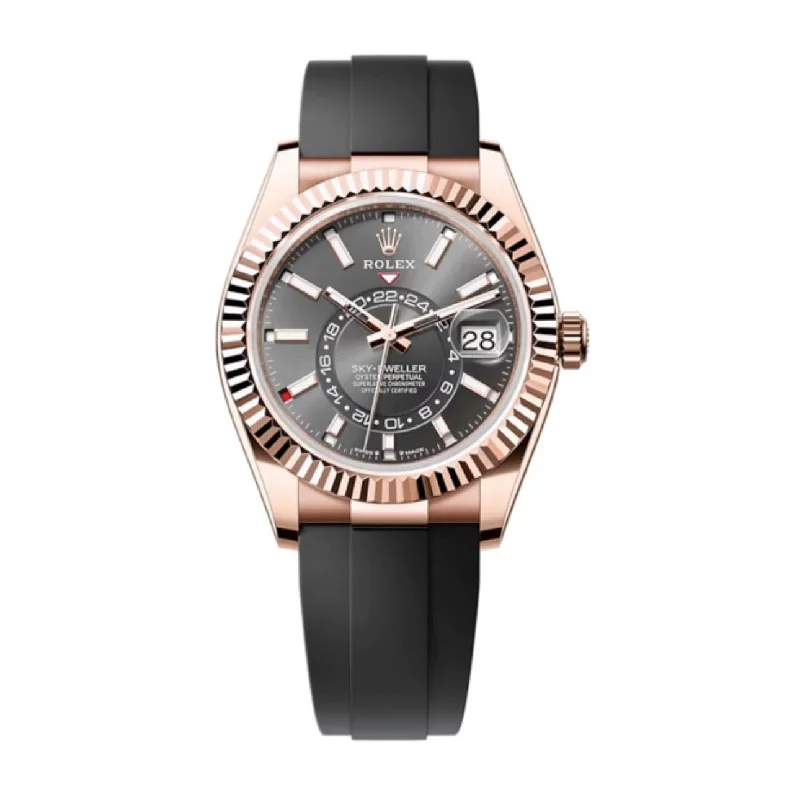 Shop Iconic Rolex Models at Unbeatable Prices –Rolex Sky-Dweller 42mm - Ref: 336235 - Slate Grey Stick Dial & 18K Rose Gold Case, Black Oysterflex Bracelet Watch