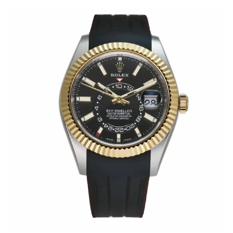 Shop the Finest Rolex Models –Rolex Sky-Dweller 42mm - Ref: 326933 - Black Dial, 18k Yellow Gold and Stainless Steel Case, Custom Rubber B Band Bracelet Watch