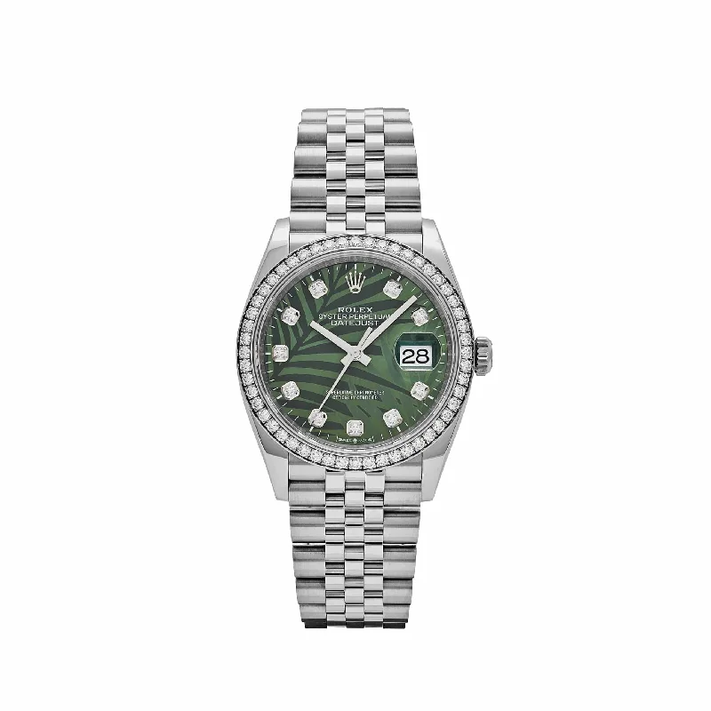 Discover the Legacy of Rolex Watches –Rolex Datejust 126284RBR Stainless Steel Green Palm Frond Diamond Dial Diamond Bezel