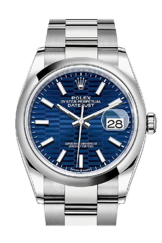 Master the Art of Time with Rolex Watches –Rolex Datejust 36 Bright Blue Motif Dial fluted  Watch 126200