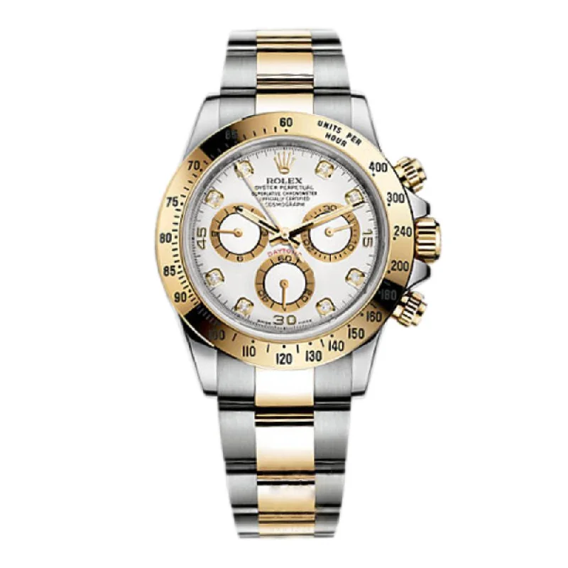 Rolex Watches: Crafted for the Elite –Rolex Cosmograph Daytona 40mm - Ref: 116523-0057 - White Diamond Dial & Gold Bezel, Two Tone Stainless Steel & 18K Yellow Gold Oyster Bracelet Men's Watch