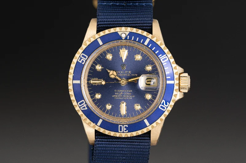 Shop Limited Edition Rolex Watches –1978 Rolex 18k Submariner 1680 Blue Dial on Blue Nato strap