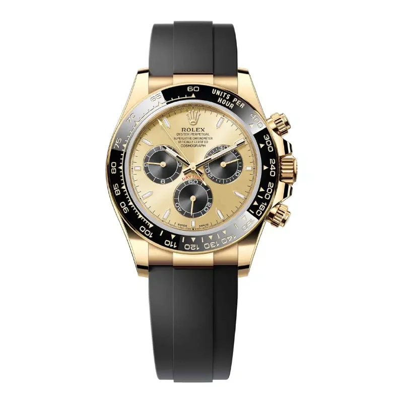 Find Your Perfect Rolex Watch Online –Rolex Cosmograph Daytona 40mm - Ref: 126518LN - Golden & Black Index Dial & Ceramic Bezel, 18K Yellow Gold Case Black Oysterflex Bracelet Men's Watch