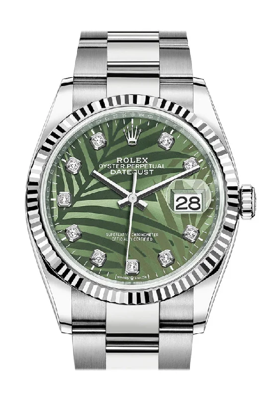 Buy Authentic Rolex Watches Online –Rolex Datejust 36 Olive Green Palm Motif Diamond Dial Fluted Watch 126234