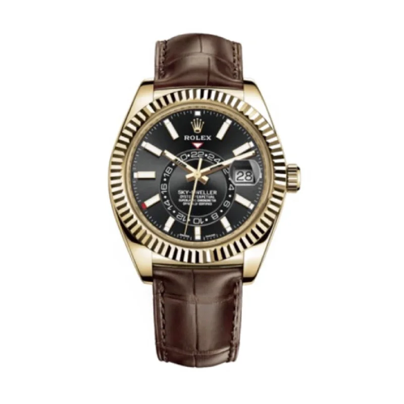 Shop Iconic Rolex Timepieces –Rolex Sky-Dweller 42mm - Ref: 326138-0008 - Bright Black Stick Dial, 18K Yellow Gold & Brown Leather Strap Watch