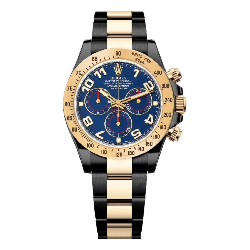 Shop Iconic Rolex Watches with Exceptional Craftsmanship –Rolex Cosmograph Daytona 40mm - Ref: 116523BKD - Blue Arabic Numerals Dial & Gold Bezel, Two Tone Black PVD & 18K Yellow Gold Oyster Bracelet Men's Watch