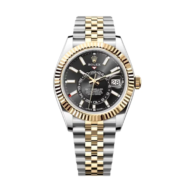 Shop Timeless Rolex Watches Now –Rolex Sky-Dweller 42mm - Ref: 336933 - Bright Black Stick Dial, Two Tone Stainless Steel & 18K Yellow Gold Jubilee Bracelet Watch