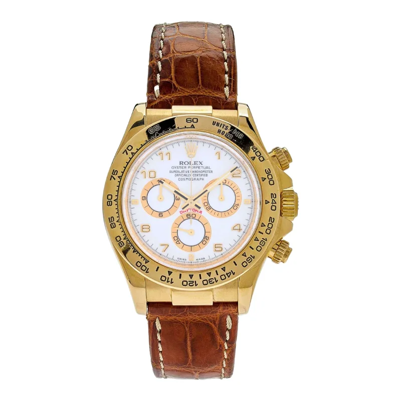 Rolex Watches: A Class Above –Rolex Cosmograph Daytona 40mm - Ref: 116518 wd - White Arabic Numerals Dial, 18K Yellow Gold & Brown Leather Strap Men's Watch