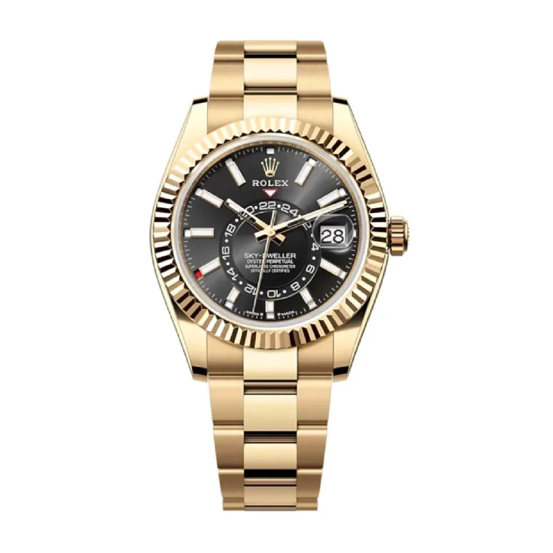 Rolex Watches for Ultimate Style and Function –Rolex Sky-Dweller 42mm - Ref: 336938-0002 - Bright Black Stick Dial, 18K Yellow Gold Oyster Bracelet Watch