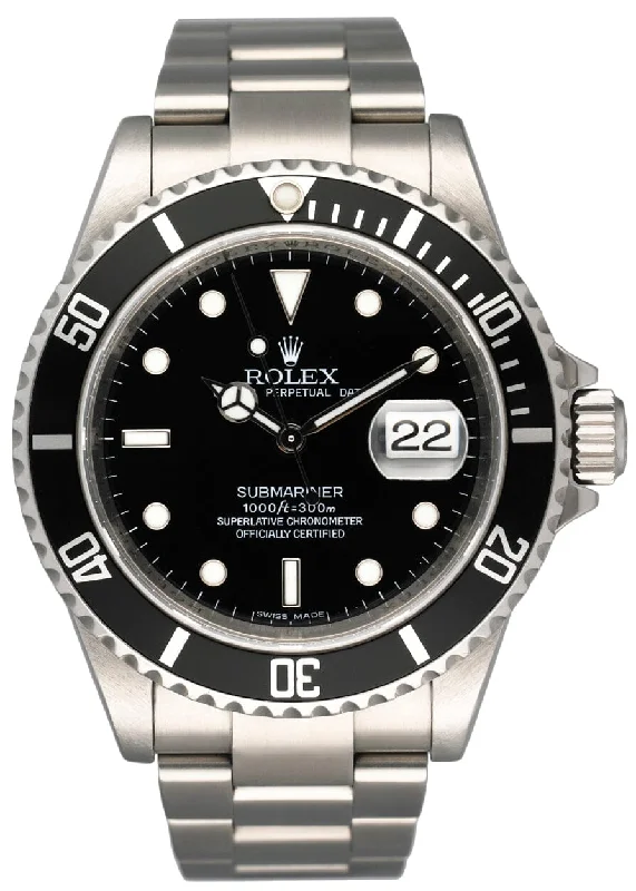 Iconic Rolex Watches Now Available –Rolex Submariner Date 16610 Engraved Rehaut Mens Watch Box Papers