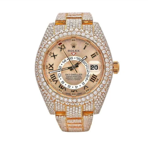 Classic Rolex Timepieces for the Discerning –Rolex Sky-Dweller 42mm - Ref: 326935 - Sundust Roman Dial, 18K Rose Gold Oyster Custom Diamond Bracelet Watch