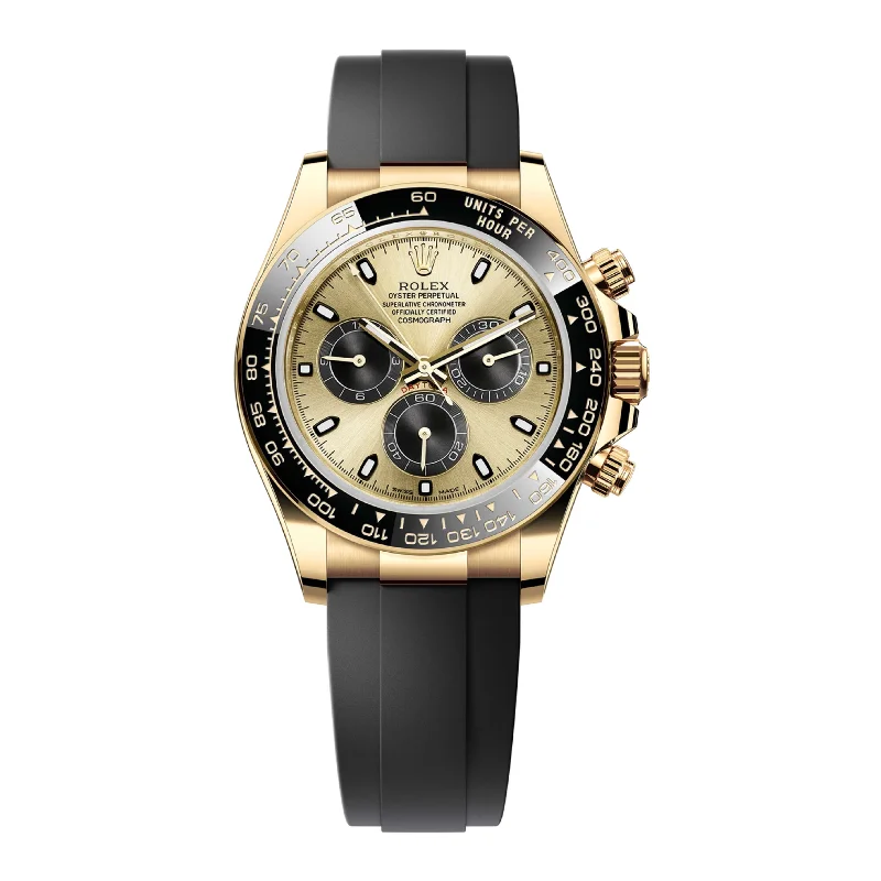 Iconic Rolex Timepieces You Can't Miss –Rolex Cosmograph Daytona 40mm - Ref: 116518ln-0048 - Champagne & Black Index Dial & Ceramic Bezel, 18K Yellow Gold Case Black Oysterflex Bracelet Men's Watch