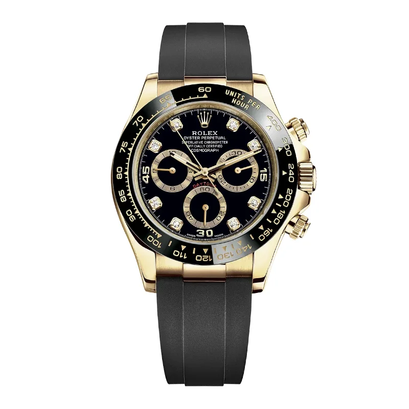 Rolex Watches: A Legacy of Excellence –Rolex Cosmograph Daytona 40mm - Ref: 116518ln - Black Diamond Dial & Ceramic Bezel, 18K Yellow Gold Case Black Oysterflex Bracelet Men's Watch