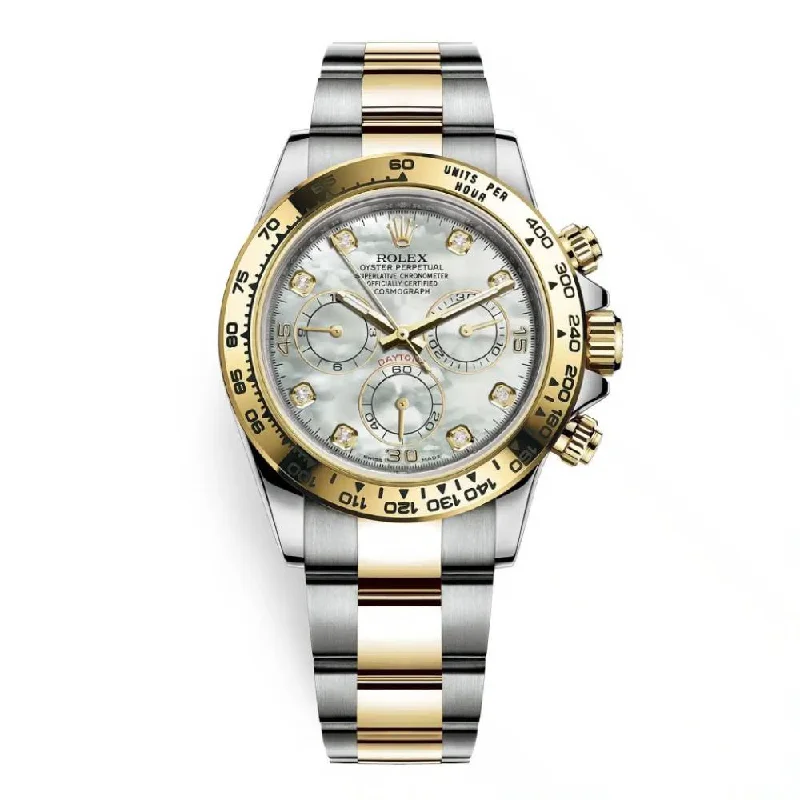 Shop Rolex Watches and Elevate Your Look –Rolex Cosmograph Daytona 40mm - Ref: 116523md - White mother of Pearl Diamond Dial & Gold Bezel, Two Tone Stainless Steel & 18K Yellow Gold Oyster Bracelet Men's Watch