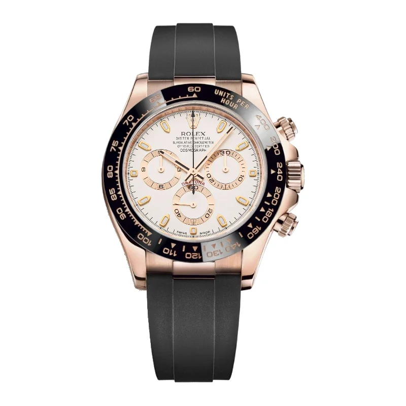 Find the Rolex Watch You've Always Wanted –Rolex Cosmograph Daytona 40mm - Ref: 116515ln-0019 - Ivory Index Dial & Ceramic Bezel, 18K Rose Gold Case Black Oysterflex Bracelet Men's Watch