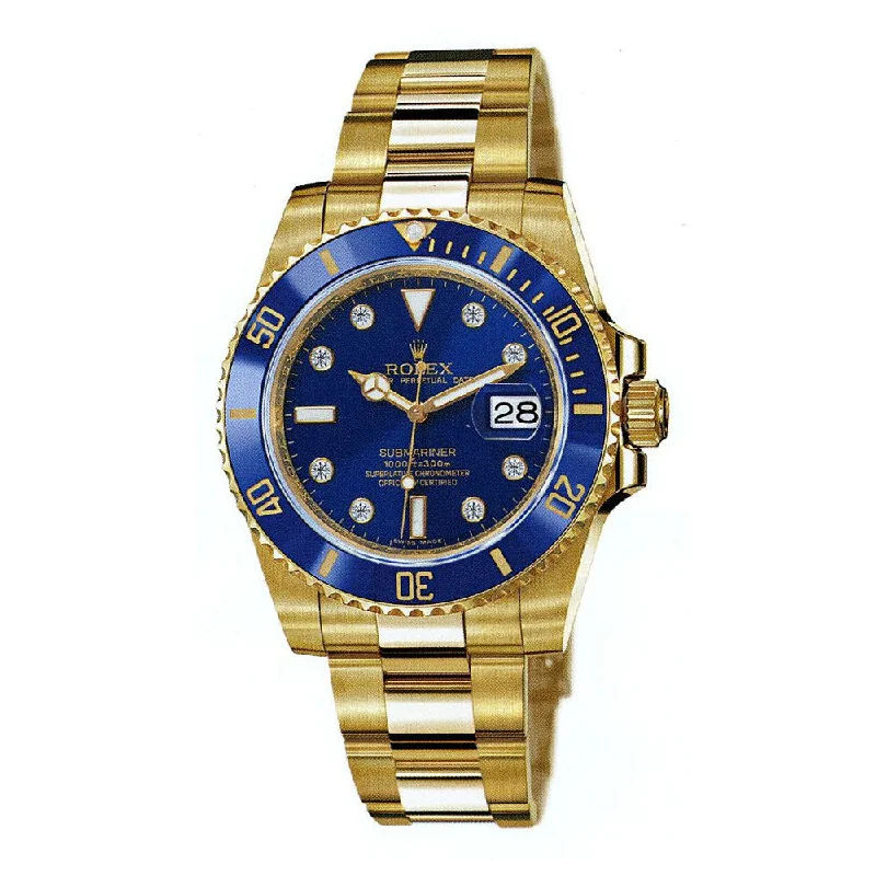 Get Your Rolex Watch Today –Rolex Submariner Date 40mm - Ref: 116618 bld - Blue Diamond Dial, 18K Yellow Gold Oyster Bracelet Watch