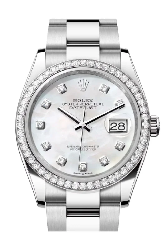 Unleash Your Style with Rolex Watches –Rolex Datejust 36 White Mother of Pearl Diamond Dial Diamond Bezel Watch 126284RBR 126284RBR-0012