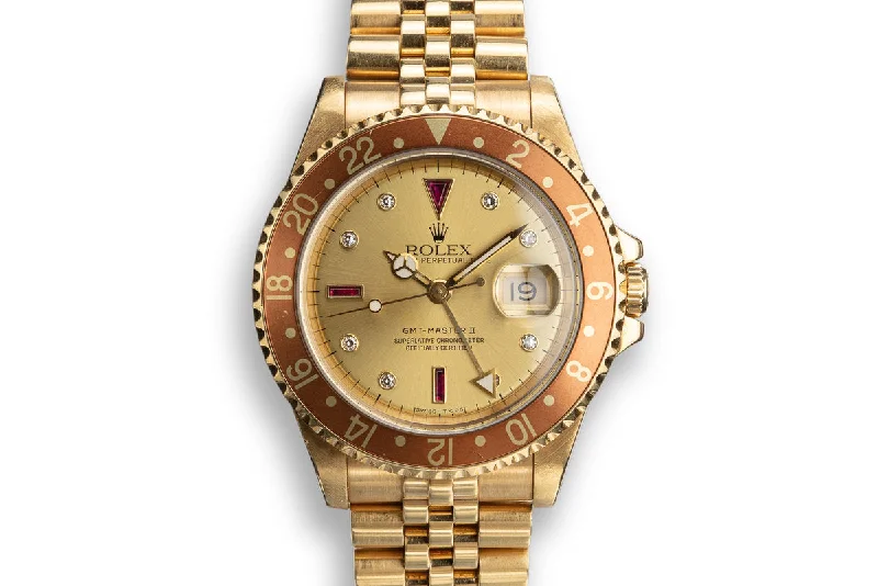 Explore the Finest Rolex Watches Online –1991 Rolex 18K YG GMT-Master II 16718 with Champagne Serti Dial