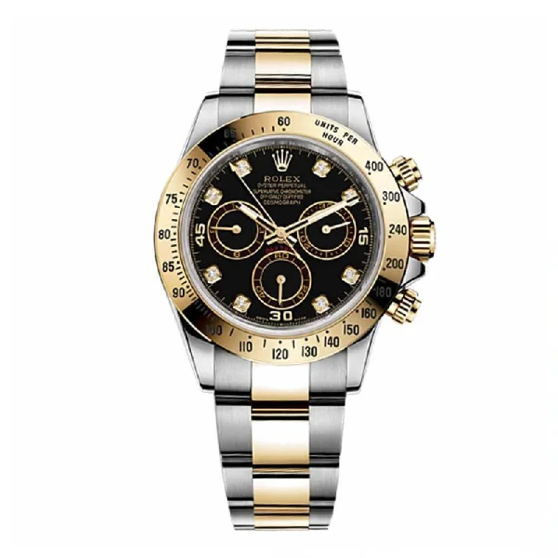 Rolex Watches for Timeless Quality –Rolex Cosmograph Daytona 40mm - Ref: 116523BKD - Black Diamond Dial & Gold Bezel, Two Tone Stainless Steel & 18K Yellow Gold Oyster Bracelet Men's Watch