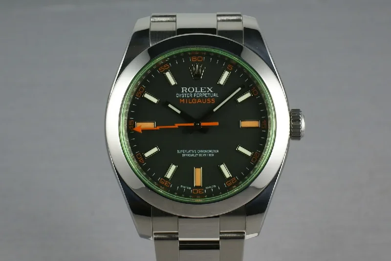 Unveil the Beauty of Rolex Watches –Rolex Milgauss Green V Serial 116400 GV with Box and Papers