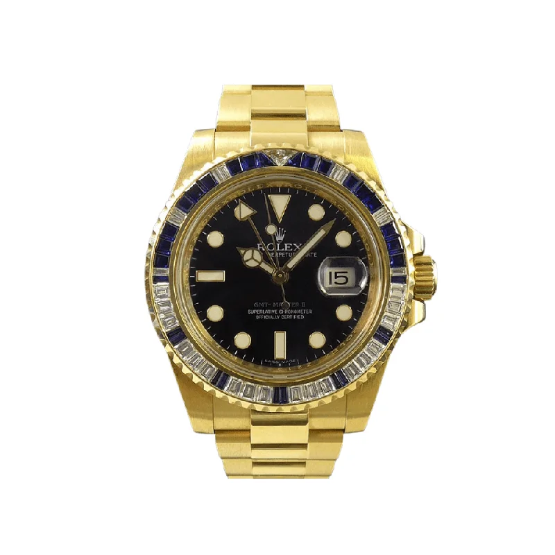 Discover Rolex Watches for Every Occasion –Rolex GMT-Master II 116748SA Yellow Gold Sapphire and Diamond Bezel Black Dial