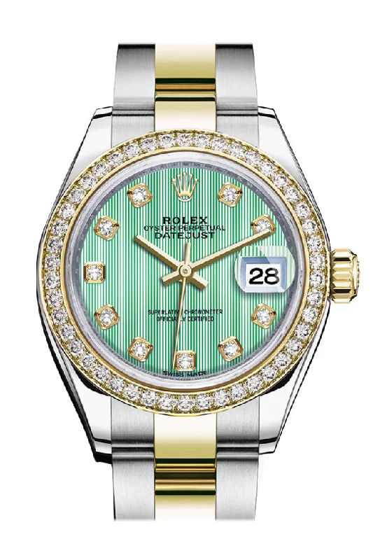 Unrivaled Quality with Rolex Watches –Rolex Datejust 28 Mint Green set with diamonds Dial Diamond Bezel Yellow Gold Ladies Watch 279383RBR 279383