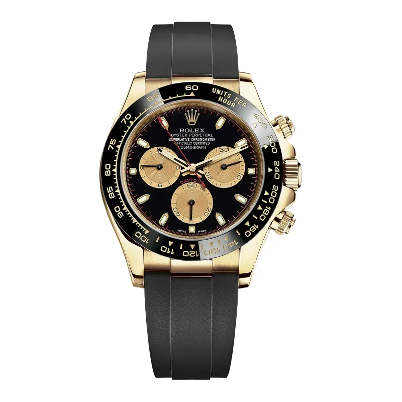 Rolex Watches: Precision and Elegance Combined –Rolex Cosmograph Daytona 40mm - Ref: 116518ln-0047 - Black & Champagne Index Dial & Ceramic Bezel, 18K Yellow Gold Case Black Oysterflex Bracelet Men's Watch