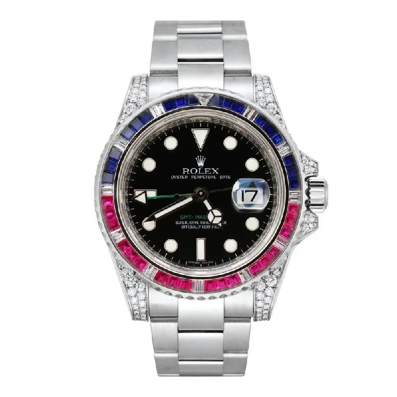 Rolex Watches: A Legacy of Timeless Luxury –Rolex GMT-Master II 40mm - Ref: 116710LN - Black Dial, Custom Diamond & Sapphire Bezel, Custom Diamond Case, Stainless Steel Oyster Bracelet Men's Watch