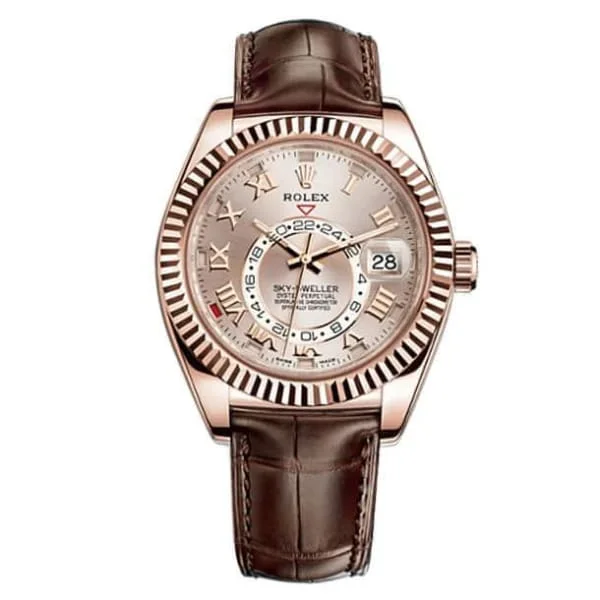 Shop Rolex Watches for Precision and Style –Rolex Sky-Dweller 42mm - Ref: 326138SD - Sundust Sunray Roman Dial, 18K Rose Gold & Brown Leather Strap Watch