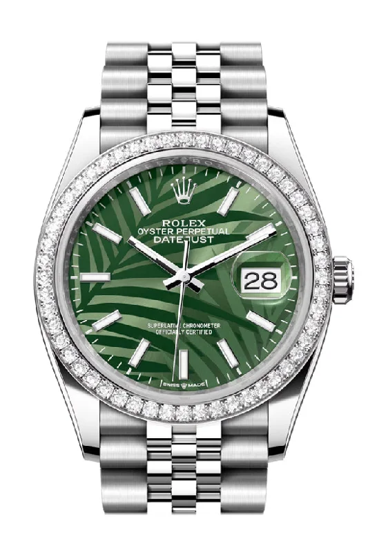 Get Your Rolex Watch Today –Rolex Datejust 36 Green Palm Motif Dial Diamond Bezel Jubilee Watch 126284RBR 126284RBR-0039