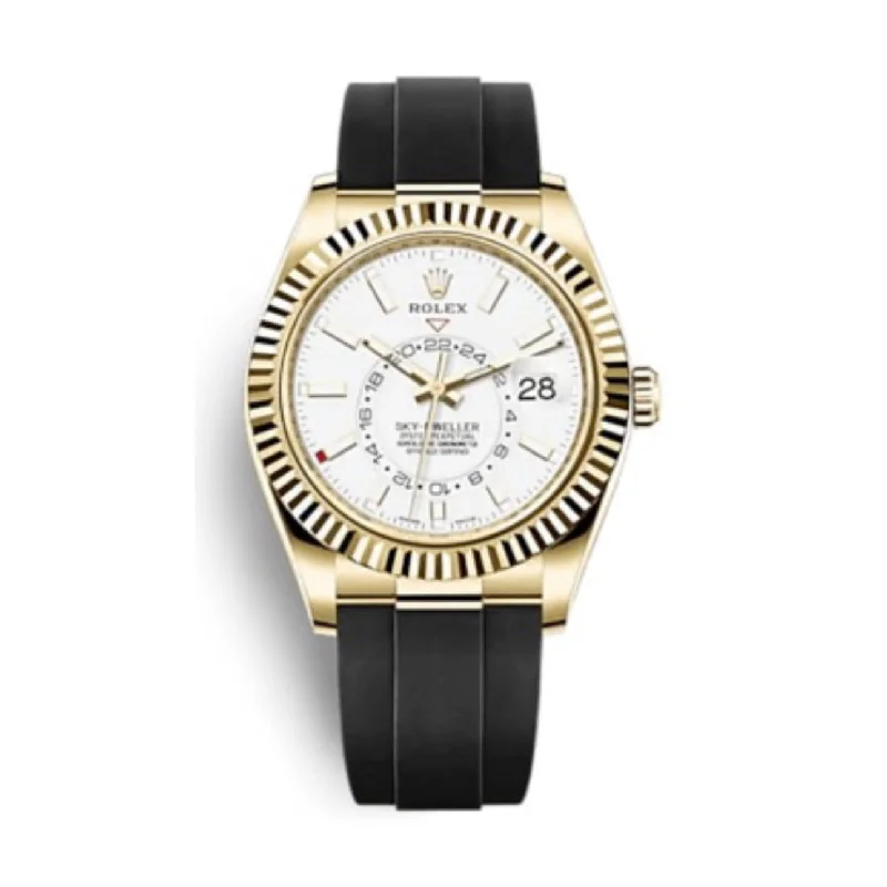 Master the Art of Time with Rolex Watches –Rolex Sky-Dweller 42mm - Ref: 326238-0006 - Intense White Stick Dial & 18K Yellow Gold Case, Black Oysterflex Bracelet Watch