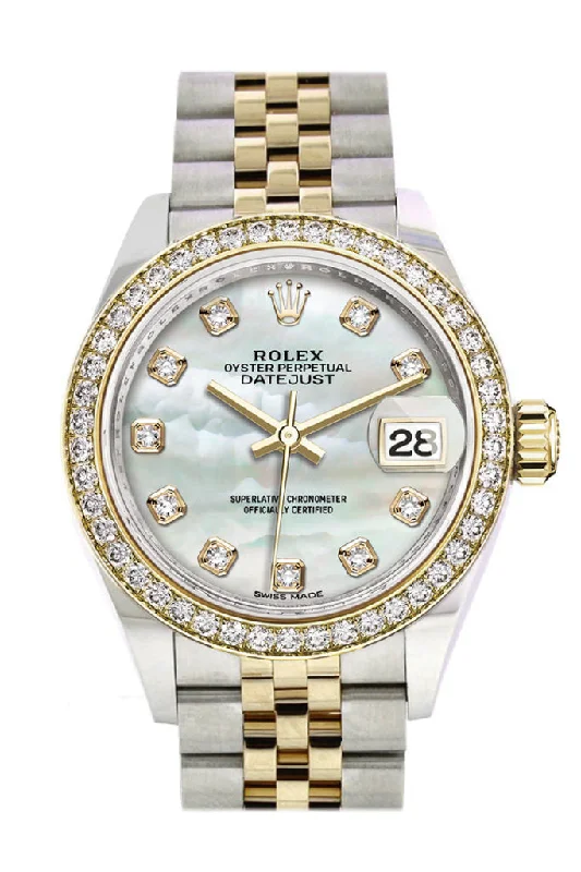 Rolex Watches: Precision, Luxury, Perfection –Rolex Datejust 28 White mother-of-pearl set with diamonds Dial Diamond Bezel Yellow Gold Jubilee Ladies Watch 279383RBR 279383