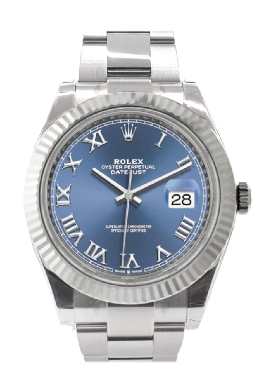 Own a Legendary Rolex Watch –Rolex Datejust 41 Blue Roman Dial White Gold Fluted Bezel Oyster Mens Watch 126334