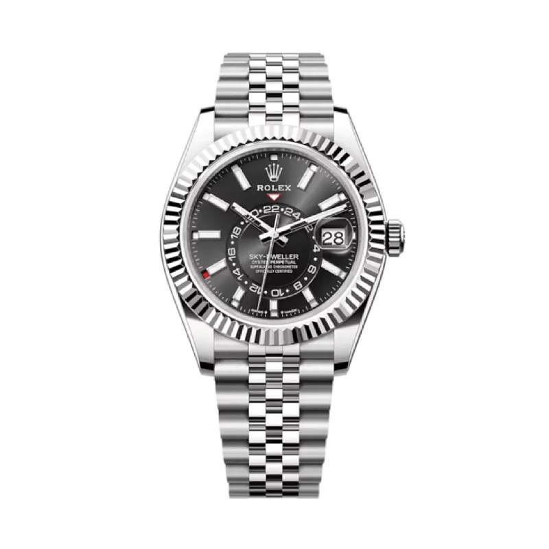 Shop Classic Rolex Models for Timeless Elegance –Rolex Sky-Dweller 42mm - Ref: 336934 - Bright Black Stick Dial, Stainless Steel Jubilee Bracelet Watch