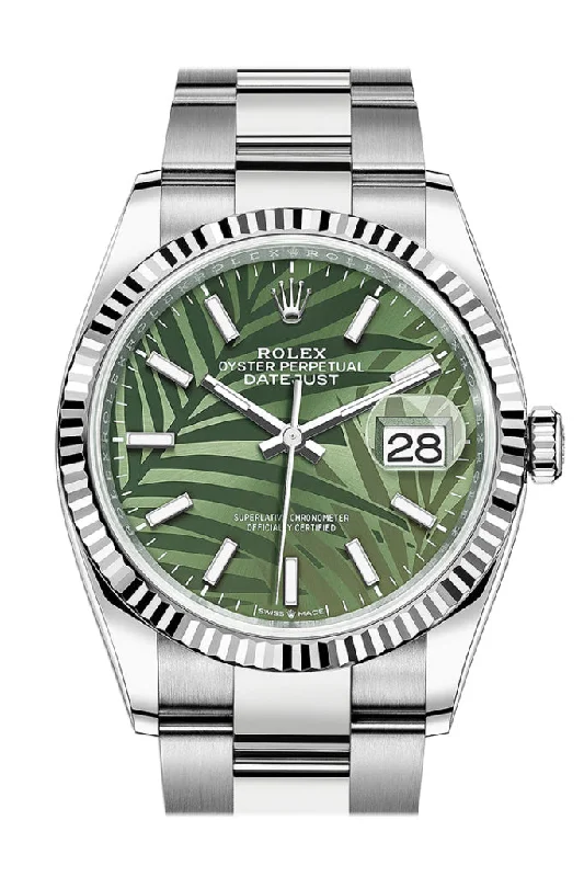 Shop the Best Rolex Watches –Rolex Datejust 36 Olive Green Palm Motif Dial Fluted Watch 126234