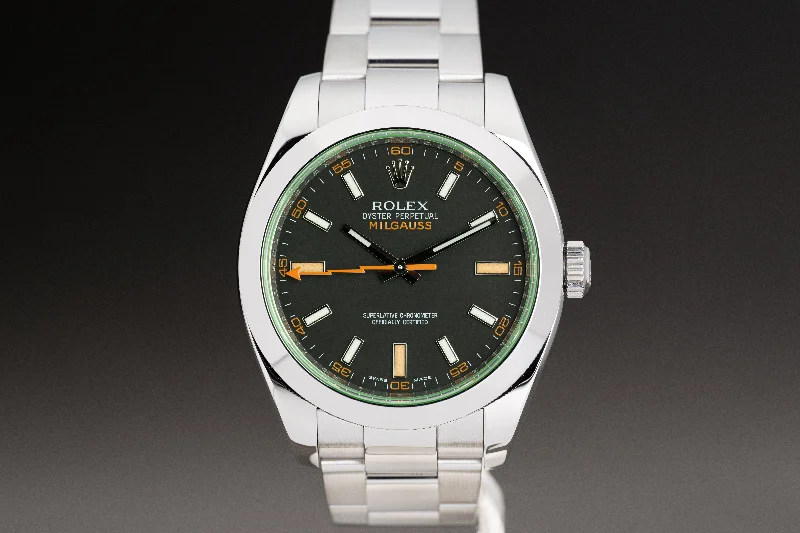 Shop Rolex Watches for Iconic Style –2009 Rolex Milgauss 116400V Green Crystal with Box, Card, Booklets & Hang Tags