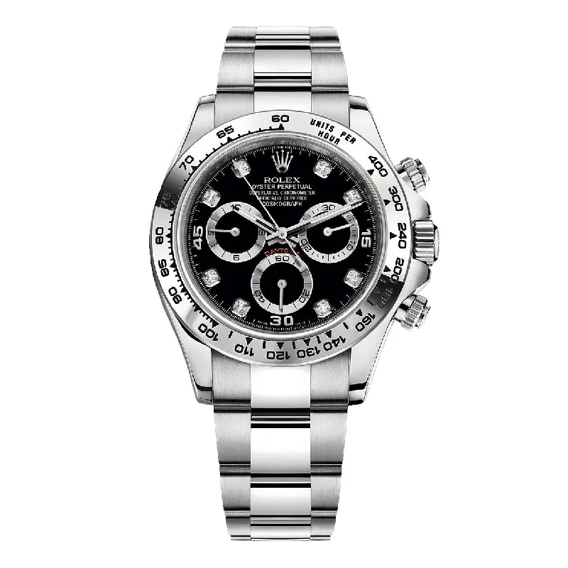 Shop Rolex Watches at Competitive Prices –Rolex Cosmograph Daytona 40mm - Ref: 116509-0055 - Black Diamond Dial, 18K White Gold Oyster Bracelet Men's Watch