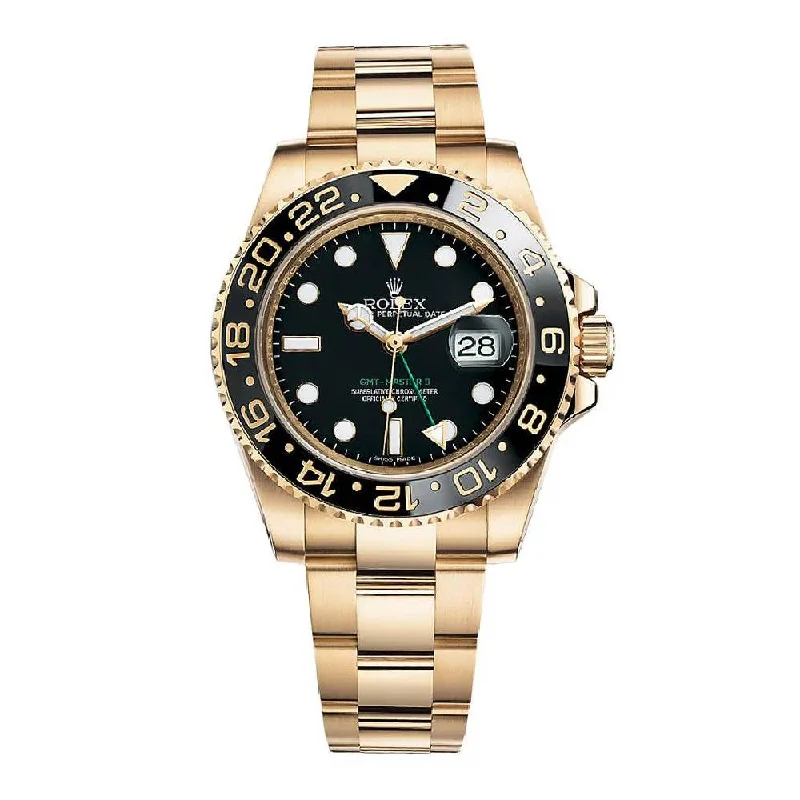 Explore the Exclusive World of Rolex Watches –Rolex GMT-Master II 40mm - Ref: 116718BK - Black Dial & Black Bezel, 18K Yellow Gold Oyster Bracelet Men's Watch