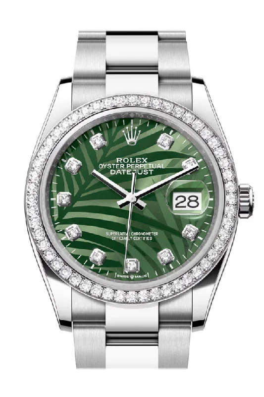 Rolex Watches: A Class Above –Rolex Datejust 36 Green palm Motif Diamond Dial Diamond Bezel Watch 126284RBR 126284RBR-0048