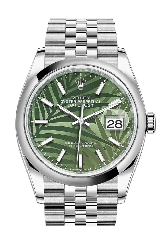 Discover the Iconic Rolex Collection –Rolex Datejust 36 Olive Green Palm Motif Dial Jubilee Watch 126200