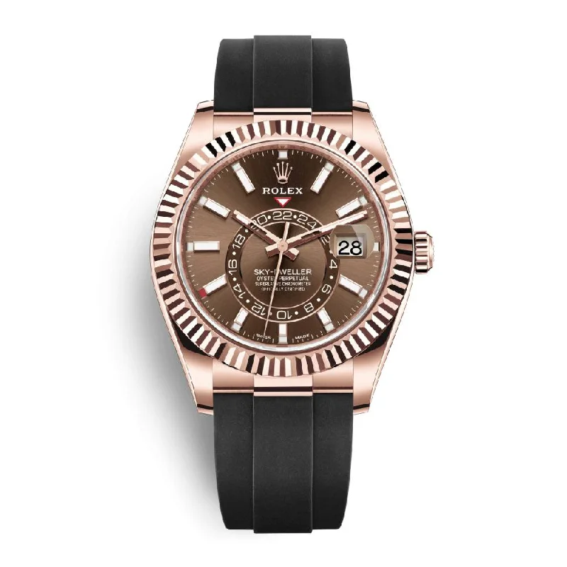 Experience Elegance with Rolex Watches –Rolex Sky-Dweller 42mm - Ref: 326235-0005 - Chocolate Stick Dial & 18K Rose Gold Case, Black Oysterflex Bracelet Watch