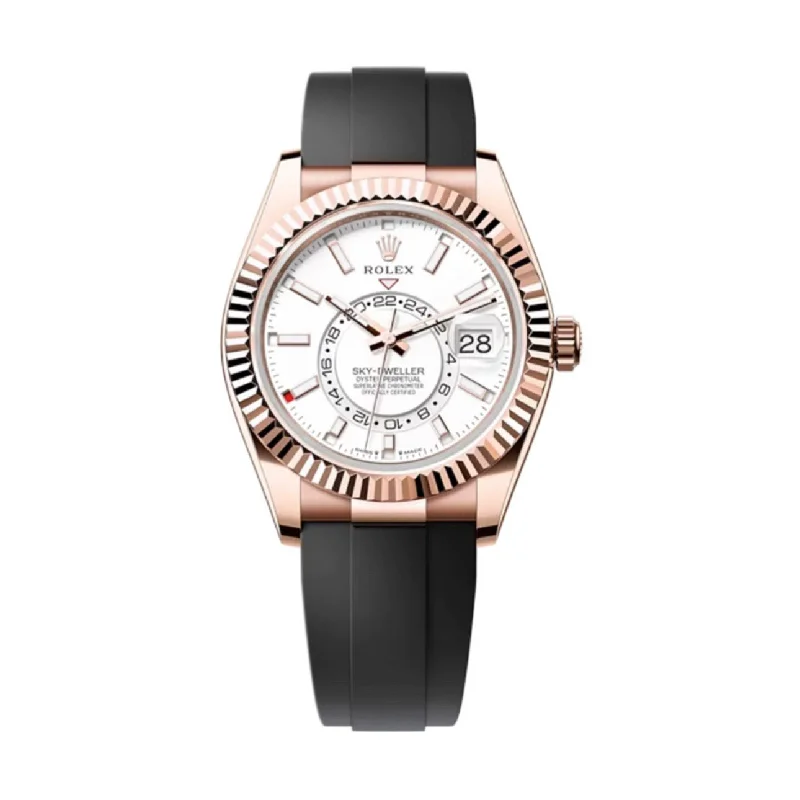 Shop Rolex Watches for Women –Rolex Sky-Dweller 42mm - Ref: 336235 - Intense White Stick Dial & 18K Rose Gold Case, Black Oysterflex Bracelet Watch